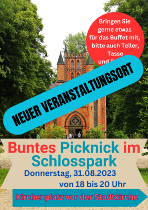 Bild vergr&ouml;&szlig;ern: Das Bunte Picknick im Schlosspark findet am 31.08.2023 um 18 Uhr statt, der neue Veranstaltungsort ist der Kirchenplatz der Stadtkirche. Bitte bringen Sie neben einem Beitrag f&uuml;r das Buffet auch Teller, Tasse, Besteck und Becher mit.