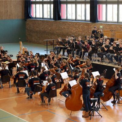 Bild vergrößern: Ein klassisches Orchester bei einem Konzert in der Sporthalle "Erwin Bernien".
